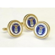 USAF MILITARY LOGO / BLUE CENTER /WHITE TRIM WITH GOLD ROPE BEZEL CUFF LINKS + LAPEL PIN 