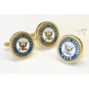 US NAVY EAGLE INSIGINA /BLUE BOARDER MILITARY LOGO / GOLD ROPE BEZEL CUFF LINKS + LAPEL PIN 