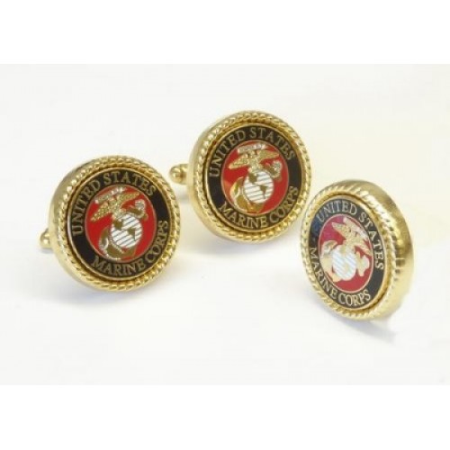 US MARINES CORP RED MILITARY LOGO / GOLD ROPE Bezel CUFF LINKS & LAPEL PIN 