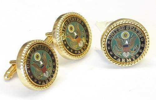 US ARMY MILITARY LOGO / Green Face/ Gold Rope Bezel Cuff links + lapel pin 