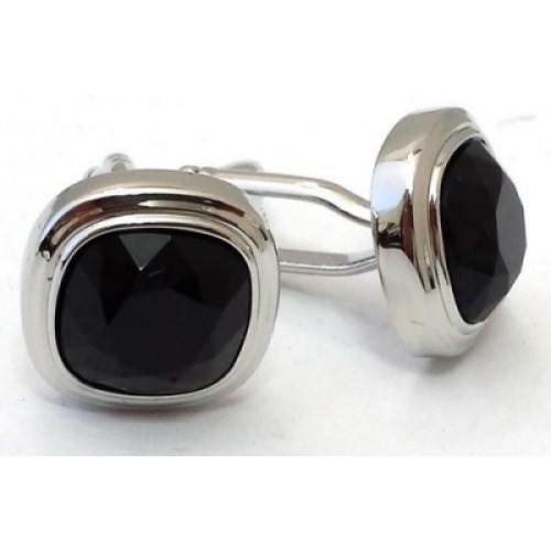 Soft Square Triple Tier Rhodium Cuff Links / Black Faceted Fiber Optic Stone