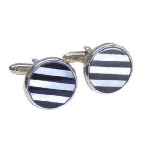 Round Face of Inlaid Stripes of Genuine Mother of Pearl & Genuine Onyx / Rhodium Cuff Links